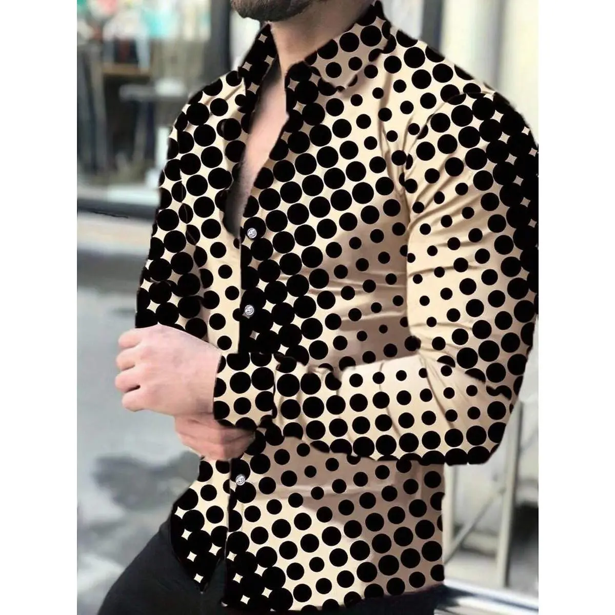 Men's polka dot single-breasted casual long-sleeve shirt, men's geometric print shirt, men's polka dot shirt, men's dotted shirt, men's geometric pattern shirt, men's polka dot shirt, suitable for spring and autumn
