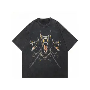 Men's vintage washed cotton T-shirt 230 grams, 2024 vintage washed black T-shirt, street style pattern Doberman Labrador T-shirt, cotton fashion funny graphic tee
