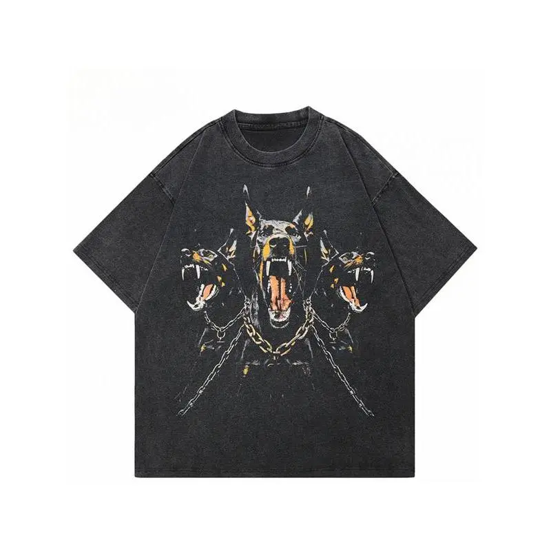 Men's vintage washed cotton T-shirt 230 grams, 2024 vintage washed black T-shirt, street style pattern Doberman Labrador T-shirt, cotton fashion funny graphic tee