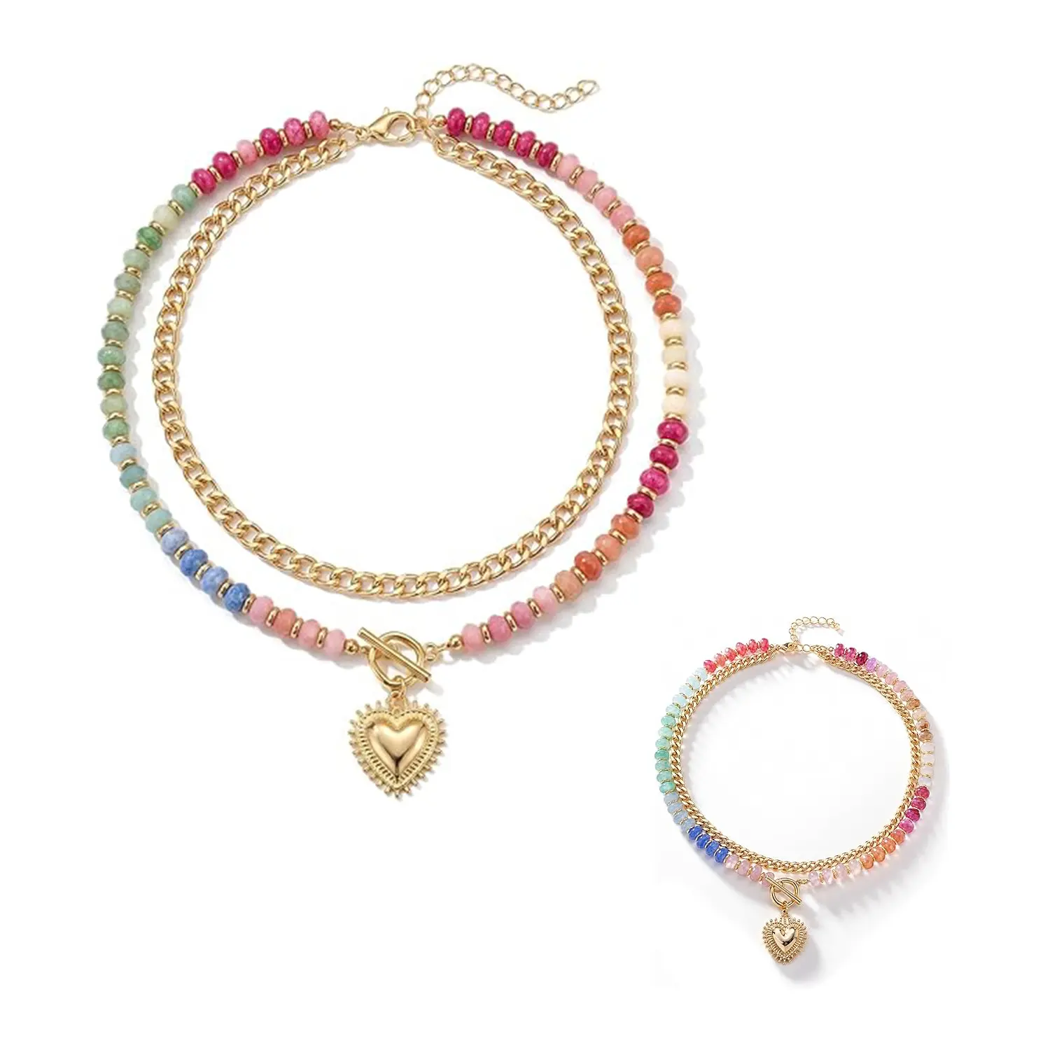 Dopamine Colorful Beaded Necklace Ethnic-Style Collarbone Chain with Stackable Heart Pendant for Stylish Looks and Versatile Jewelry elegant rhinestone magnetic field light luxury unisex sparkly festival gift monday holiday rave energy sophisticated cross