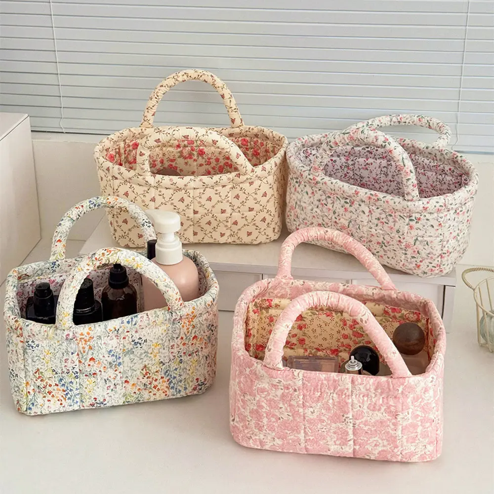 Floral Quilted Light Polyester Storage Basket with Handle - Multicolor Farm House Home Decor Fabric Organizer, Portable Cosmetic Tote for Bathroom