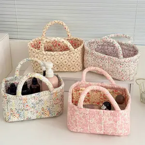 Floral Quilted Storage Basket with Handle Cute Fabric Makeup Organizer Bag, Portable Cosmetic Tote for Bathroom