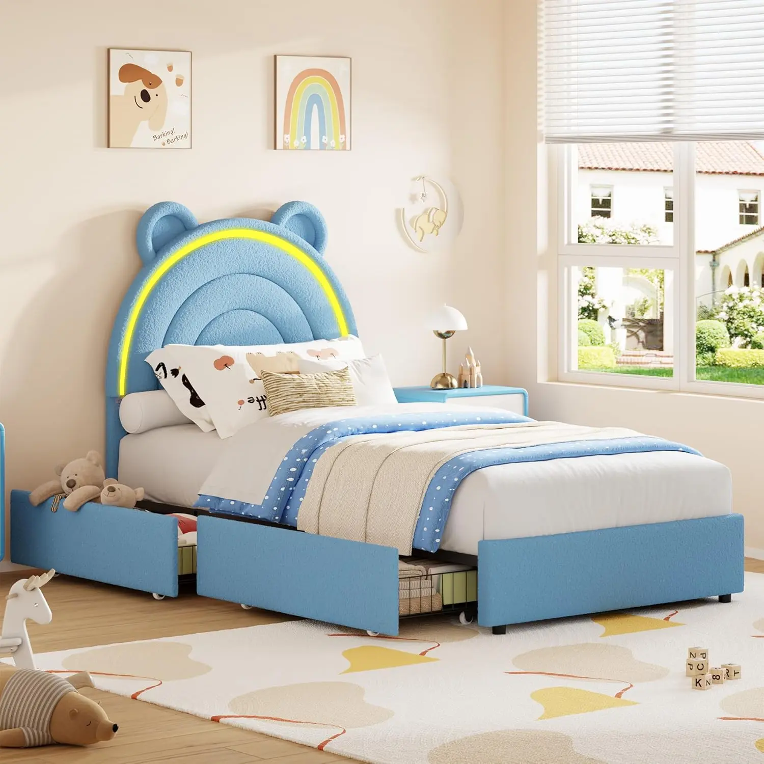 Twin Size Sturdy Bed Frame with 4 Hidden Storage Drawers - Soft Velvet Upholstered Platform Bed with Rainbow Headboard, Solid Wood Support, Box-Spring Free