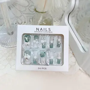 Press on Nails Handmade Nail Art 3D Flower Wearing Nail Patch Fake Nail Patch Light Grey Green Flower Refreshing Fake Nail Patch