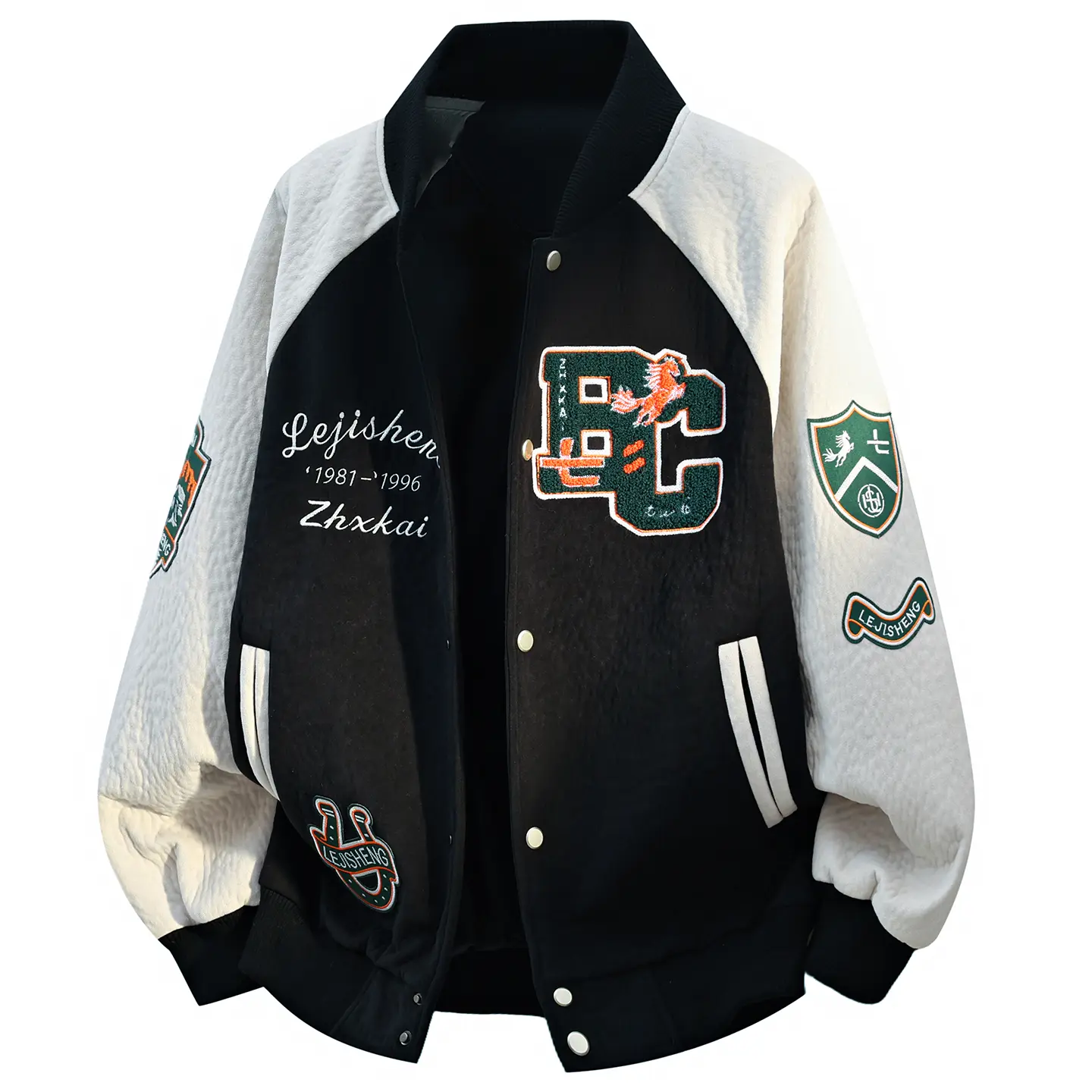 Varsity Bomber Jacket Unisex Color Block Raglan Sleeve Embroidery Striped Rib Cuff Snap Button Loose Retro 90s College Y2K Skater Hip Hop Streetwear Outerwear Retro Campus Casual Coat