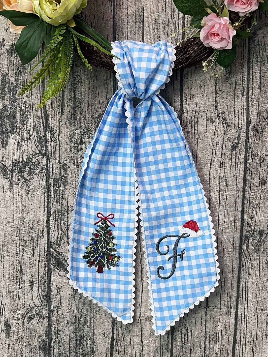 Custom Embroidered Christmas Wreath Sash, Personalized Santa Hat Monogram Bow, Stripe Ric Rac Holiday Decor, Xmas Gift
