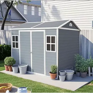 8 x 6 ft Resin Outdoor Storage Shed Waterproof Shed with Floor & Two Windows & Lockable Door, Tool Shed for Garden, Patio, Backyard,Gray steel vent air