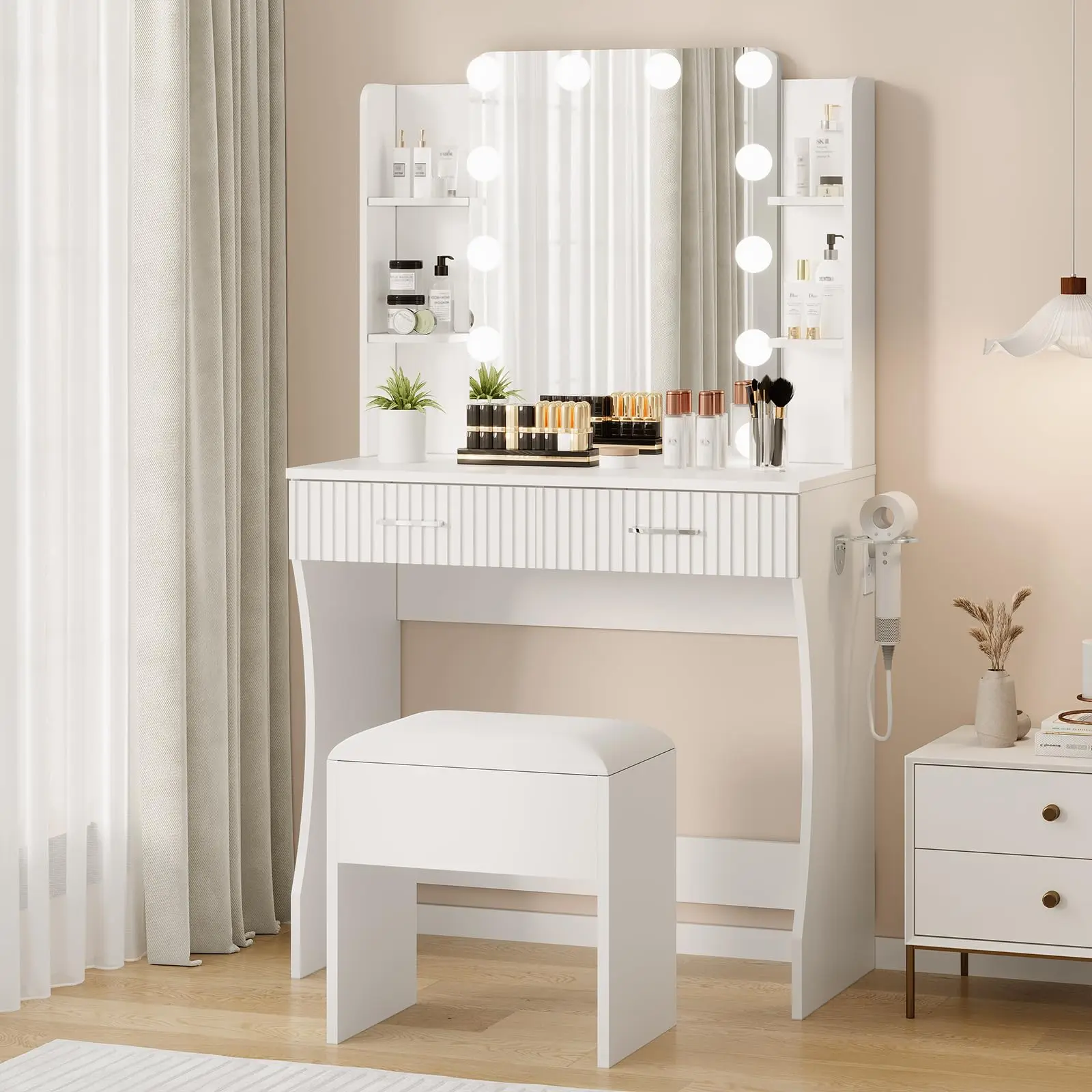 Modern Makeup Vanity Table with Mirror and 12 LED Lights – 2 Drawers, 6 Open Shelves, Power Outlet, Hair Dryer Holder, Stool – Elegant Bedroom Dressing Table Furniture