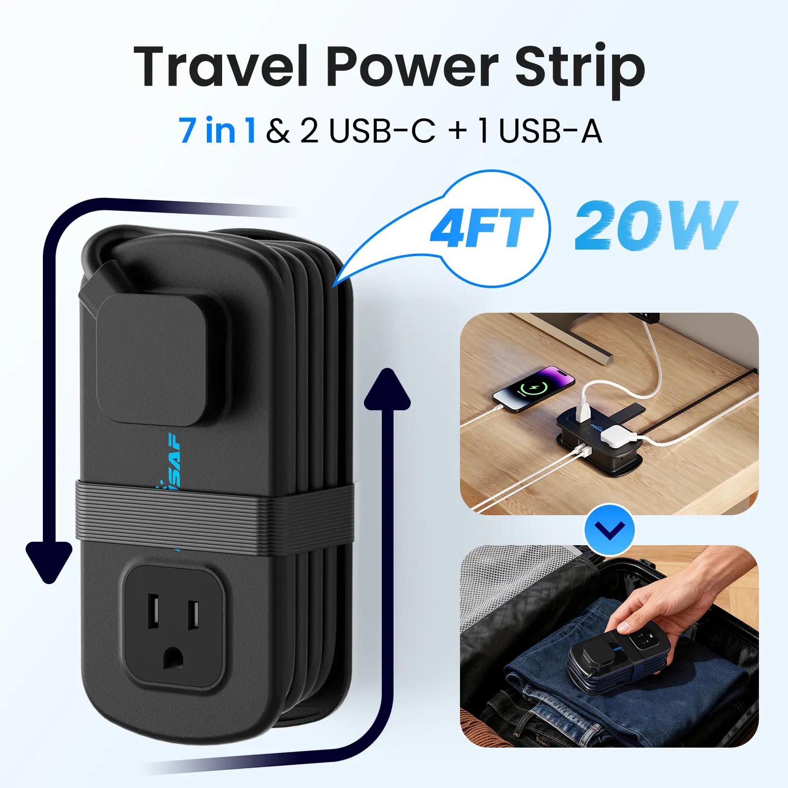 Cruise Essentials 2026-Travel Power Strip - POWSAF 20W Fast Charging, 3 USB, 2 Three-Prong & 2 Two-Prong Outlets, No-Surge 4ftExtension Cord & Strap for Travel, Hotel & Cruisecompact charger mini power strip ,gifts for him,compact,fathersdaygift