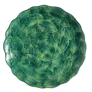 1960s Ceramiche Leonardo Platter Made in Italy Majolica Raised Green Leaf Large