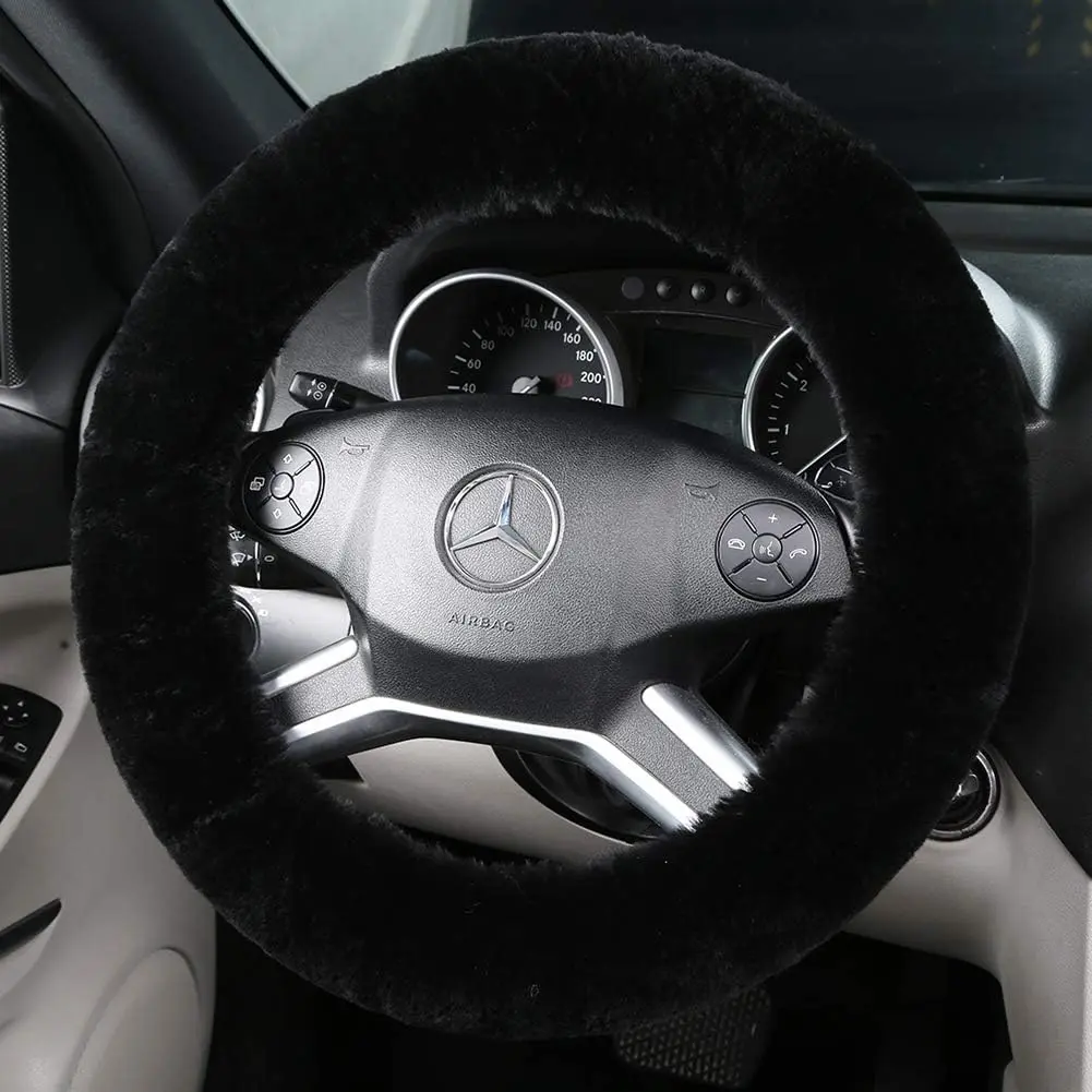 Black Fluffy Wool Sheepskin Car Steering Wheel Cover - Anti-Slip Grip, Soft Plush, Luxurious, Moisture-Absorbent, Easy to Install - Universal Fit for 14.5-15.5 inch Auto Wheels - Ideal for Birthday Gifting