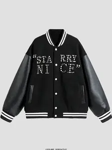 Unisex Baseball Jacket with Pearl Letter Embroidery, PU Leather Patchwork Design, Stylish Men's & Women's Outerwear Coat