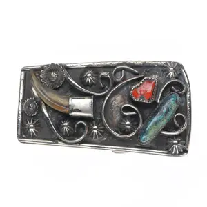 Vintage small Navajo sterling silver turquoise/coral Racoon claw belt buckle