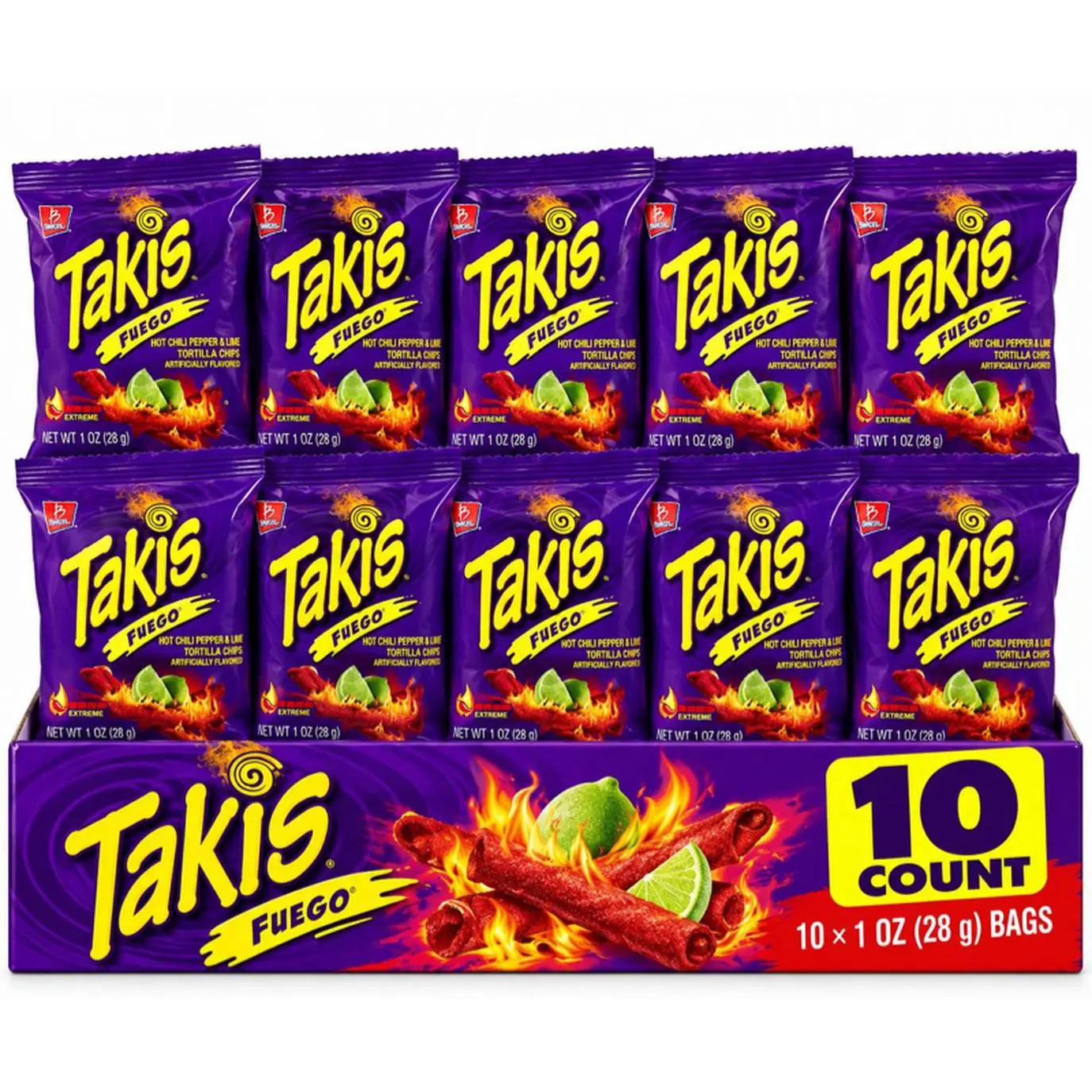 Takis Fuego 10 Count 1 oz Bags Spicy Tortilla Chips with Lime Flavor Snack