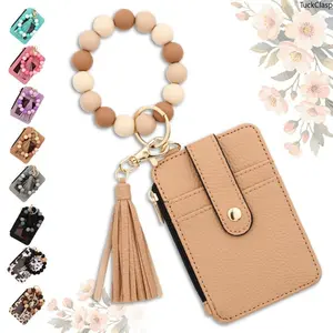 Boho Style Beaded Tassel Keychain Wristlet for Women, Small Credit Card Holder Keychain Bracelet, Trendy Key Ring Purse Bangle with Tassel and Beads, Stylish All-Match Accessory Gift