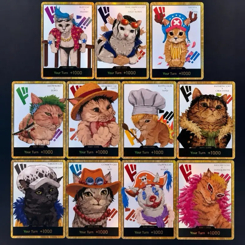 *Exclusive set *Cat Piece TCG One Piece Don Cards Meme - Collectible Trading Card Game Featuring Adorable Cat Characters in Various Outfits - Collector Cards set of 11. Exclusive artwork