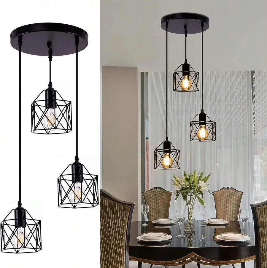 Lighting accessory with black industrial farmhouse pendant design, metal hanging fixture, and E26 ceiling lamp style, perfect for decorating dining rooms, kitchens, bars, hallways, foyers, and restaurants.