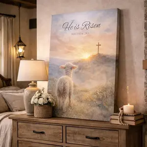 He Is Risen Lamb Canvas Wall Art, Christian Easter Decor, Scripture Art, Resurrection Cross Canvas Decor