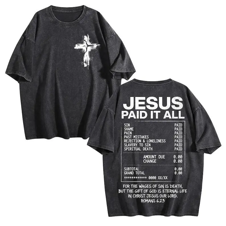 Men's Casual Short-Sleeve Round Neck T-Shirt - Distressed Vintage Washed Christian Graphic Menswear Clothes, Fitted Romans 6:23 Verse Faith Cross Religious Streetwear, Figure-Flattering Gift for Him