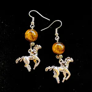 Tiger's Eye Bead Earrings with Silver Plated Horse Charms