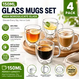 5oz Espresso Cups Set of 4, Small Double Wall Hand Blown Coffee Shots Glass, Expresso Mugs,Tazas de Cafe Expreso, Perfect For Espresso Latte Cappuccinos Tea Bag Juice Drinkware tiktokshopspringglowup