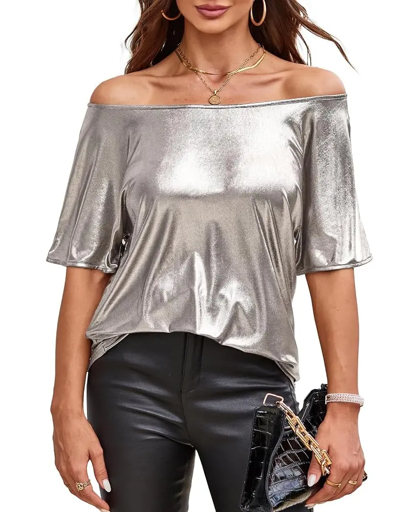 Women's Off Shoulder Tops Sequin Sparkly Glitter Casual Loose Shirts Short Sleeve Tunic Blouses