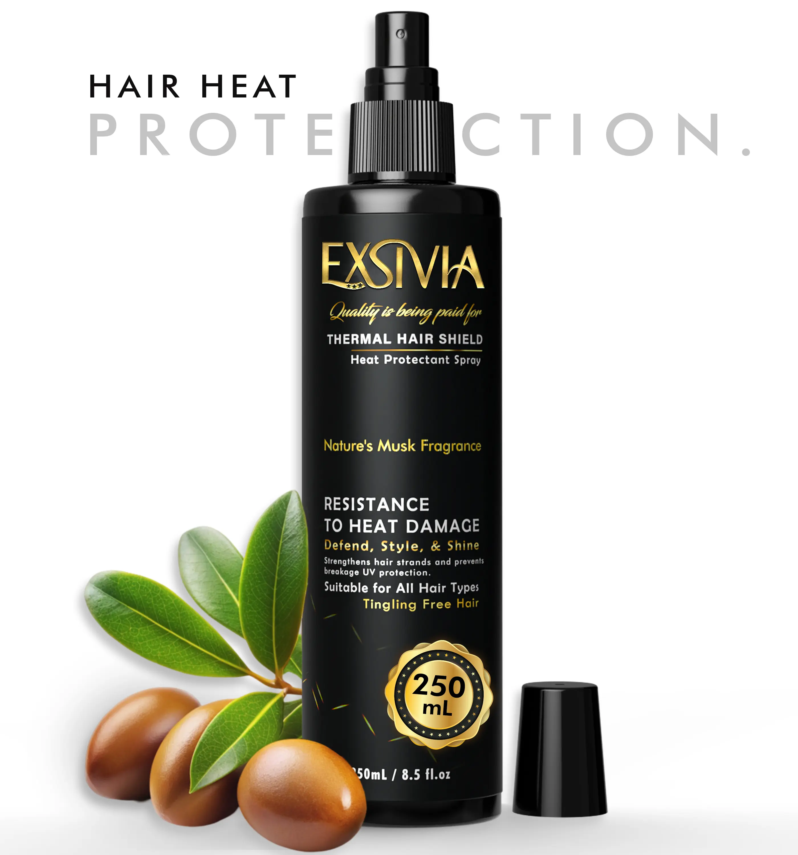 Exsivia Heat Protectant  Spray with Castor Oil Musk Fragrance, Frizz-Free Shine, Thermal Protection, Paraben-Free 250mL Haircare Comfort