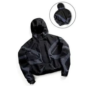 Men's Sports Hooded Zipper Jacket Colorblock Splicing Lightweight Windproof Stand Collar Adjustable Pocket Workwear Style