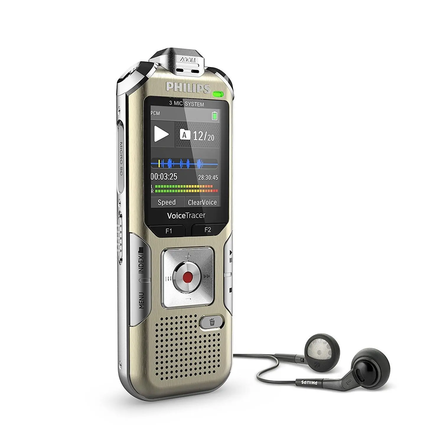 PHILIPS DVT8010 Digital Voice Tracer Audio Recorder with Remote Control, USB, Stereo Recording, Memory Card Support - Gold, Lcd