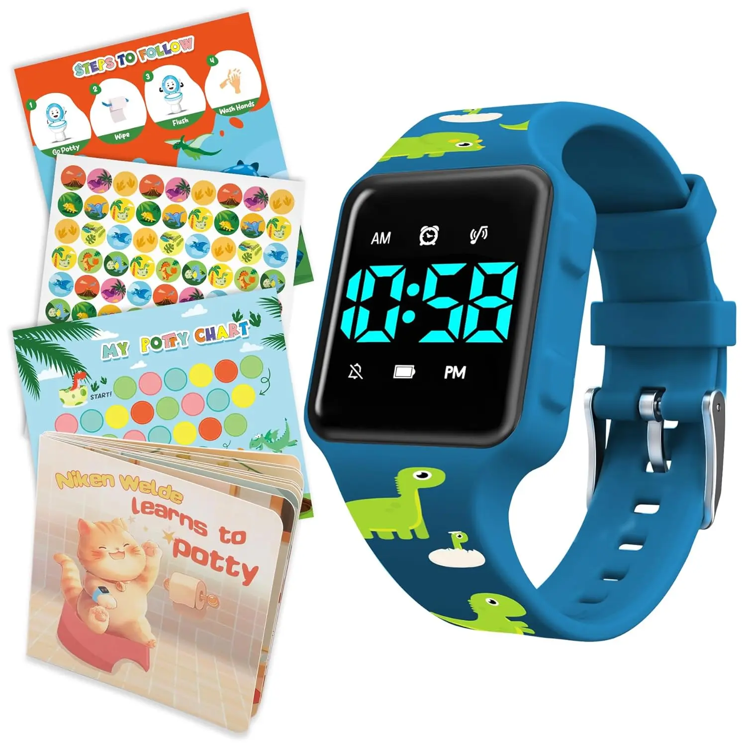 Interactive Toilet Learning Kit for Toddlers Ages 2-6 - Potty Set with Adjustable Timer Potty Watch, Musical/Vibration Alerts, Fun Board Book, Dinosaur Sticker Chart & Reward Stickers (School & Educational Supplies)