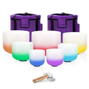 Quartz Crystal Singing Bowls Set Of 7, 6-12inch Gradient Color 432hz For Mindfulness Meditation Yoga Sound Bath