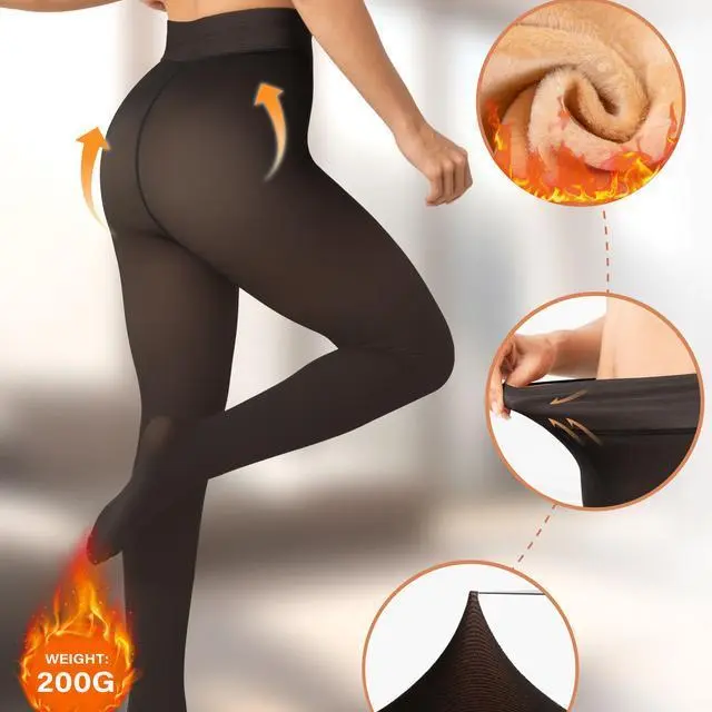 Women's Fleece-Lined Sheer Thermal Tights - Thick Polyester-Spandex, Chic Stretch Curves-Hugging Fit, Short & Tall Fit (4'10-6'2 XS-3XL), Cardigan Friendly, Shorts-Skirt Ready, Pairs with Dresses & Oversized Sweaters, Cardigans