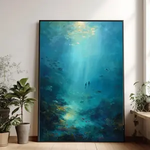 Underwater Scene Artistic Poster - Scuba Divers, Sea Turtles, Marine Life Photo Print for Room Decor