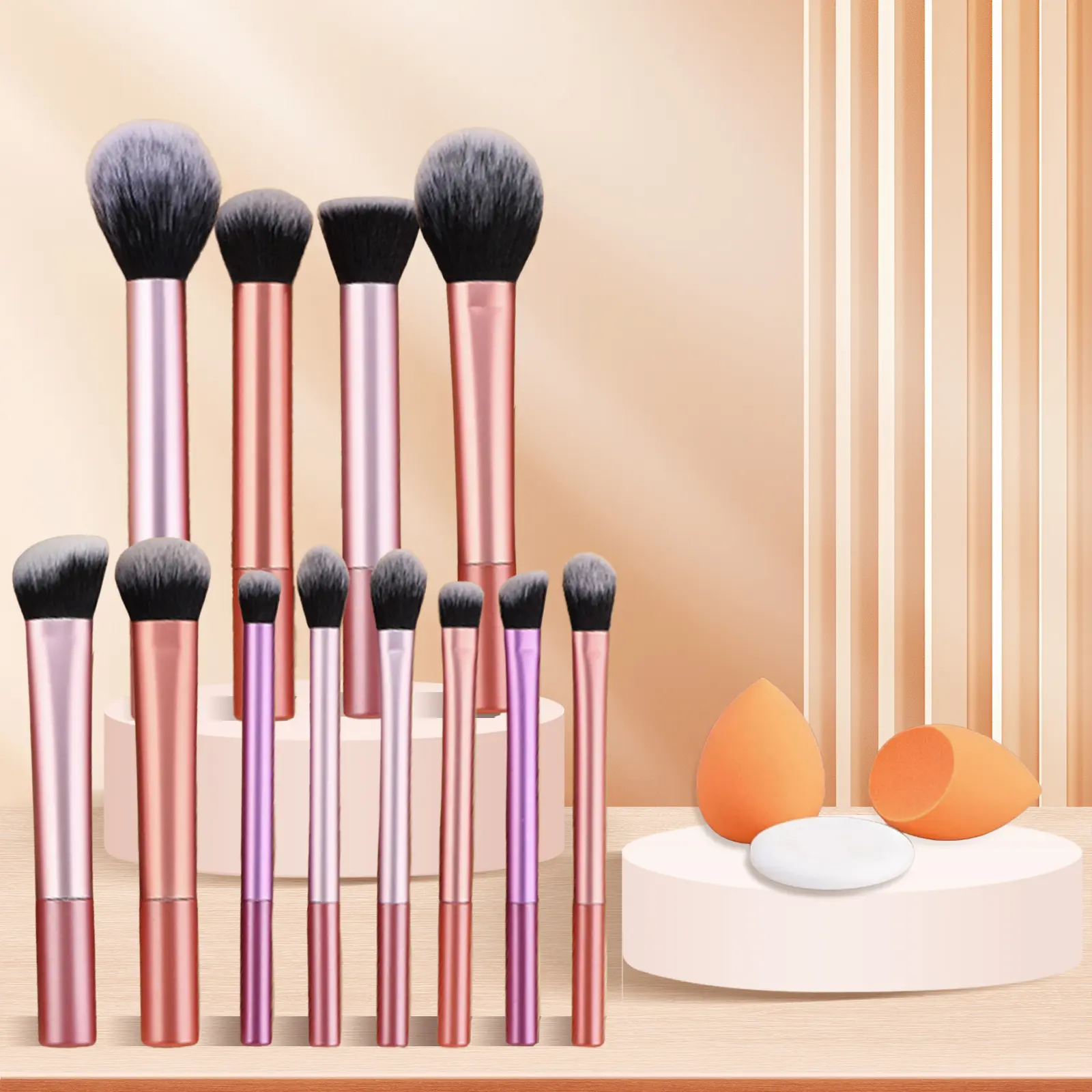 15PCS Makeup Brush Set, Multicolor Makeup Brushes with 12 Brushes, 2 Makeup Sponges and 1 Powder Puff, Foundation Brush Set for Face and Eye Makeup