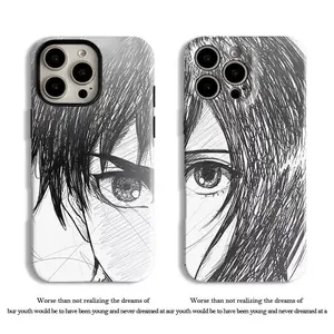 Attack on Titan Eren & Mikasa Sketch Style Couple Phone Case Set - 2Pcs Manga Art Eyes Design | AOT Anime Cover iPhone16promax15 14 13 12 11