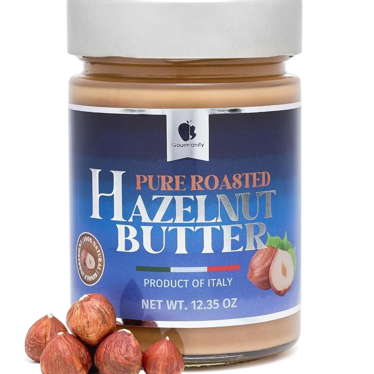 Gourmanity Hazelnut Butter, All Natural Creamy Richness, 1-Ingredient Hazelnut Cream from Italy, Keto and Paleo Friendly, Ideal for Baking and Spreading, Kosher, Halal (12.35oz)