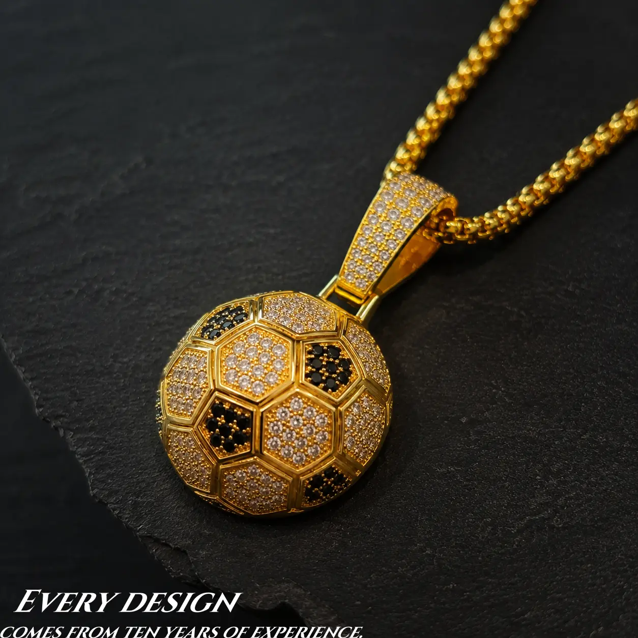 Lusen Atel Soccer Cup Inspired Gold-Plated Football Pendant Necklace, 27Mm × 27Mm (1.06In × 1.06In) Micro Paved Zircon Charm, 61cm Chain, Casual Birthday Hip Hop Jewelry for Soccer Fans, Approx. 50g, 1 Necklace per Order
