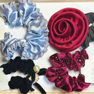 Luxury 4 Piece Scrunchie Set with Shimmering Light Blue Satin, Deep Rose Red Velvet Flower, Black Velvet with Pearl Accent & Burgundy Velvet Scrunchie Versatile Elastic