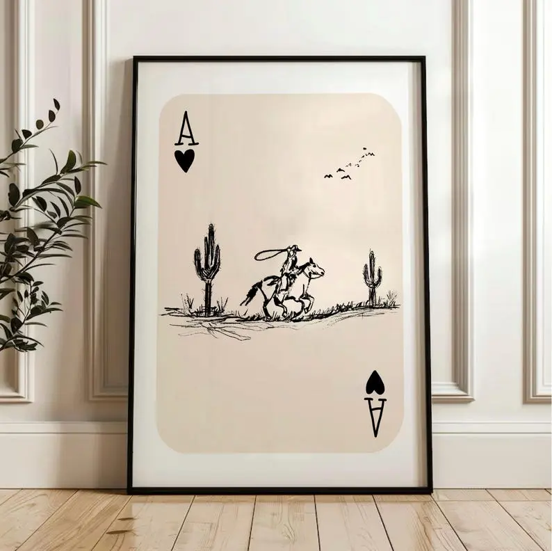 Artistic Western Cowboy Playing Card-Themed Retro Cactus Rodeo Graphic Digital Print Poster - Photo Paper Wall Art for Home Decor, Living Room Wall Picture Decor, Funky Room Accent, House Decor