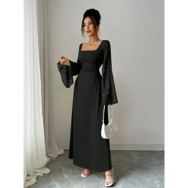 chinese dress ladies Modal Square Neck Long Sleeve Mini Dress in Black - XL main image 0
