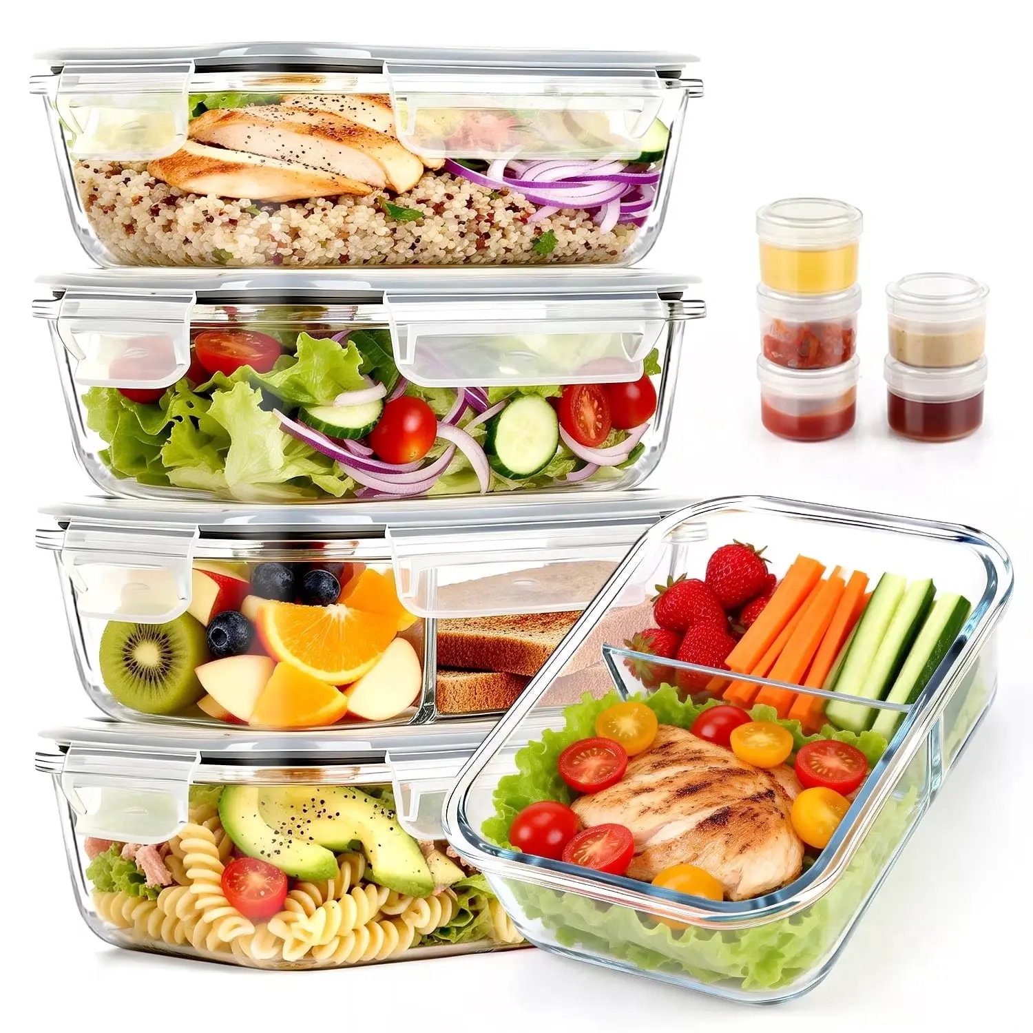 20 Pcs Glass Food Storage Containers with Lids, 1 & 2 Compartment Glass Airtight Meal Prep Containers with Sauce Containers(10 Containers & 10 Lids), Oven & Freezer Safe, Leak Proof, Grey