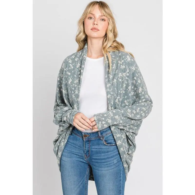 Gee Gee Floral Print Cocoon Cardigan - Dusty Blue
