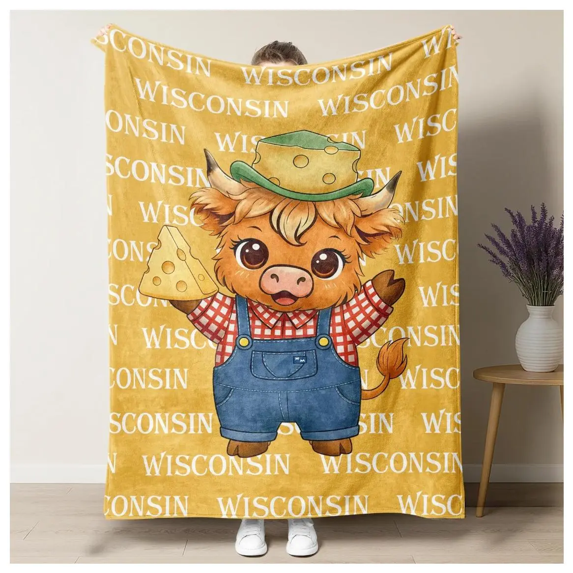 Wisconsin Adorable Highland Cow Flannel Blanket,Cute Cheese Head Cartoon Throw Blanket with Wisconsin State Print, Soft Plush Fleece Blanket for Bedroom Couch, Unique Wisconsin Cheese Lover Gift, Aesthetic Cozy Home Decor for Kids & Adults