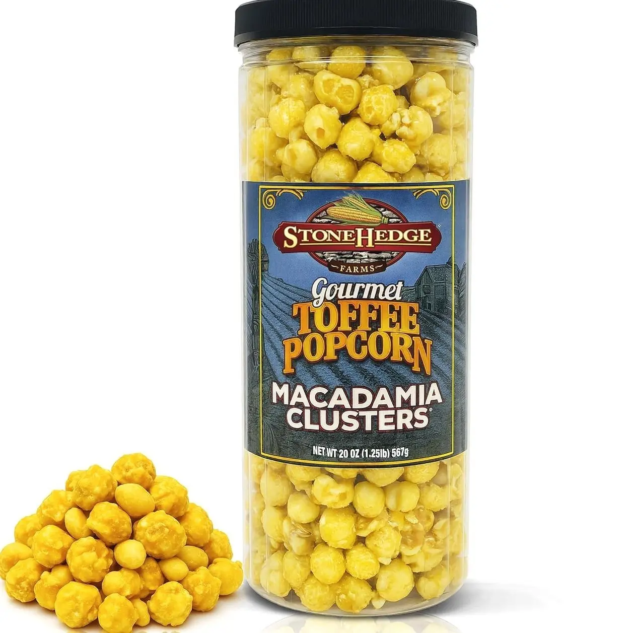 Stonehedge Farms Gourmet Toffee Popcorn Macadamia Clusters | 20 oz Reclosable Container | Mix Of Pop corn, Macadamia Nut and Butter Toffee | Holiday Snack Gift