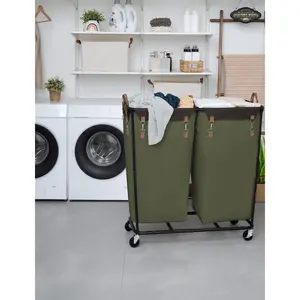 390L Extra Large Lanudry Hamper with Wheels, Laundry Basket with Wheels 2 Sections, Clothes Sorter Cart with Divider for Hotel, Home, Green, 1-Pack