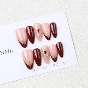 10pcs Handmade Almond French Full Nail Set, 3D Heart Design, Fashionable and Elegant, Perfect for Parties and Daily Wear