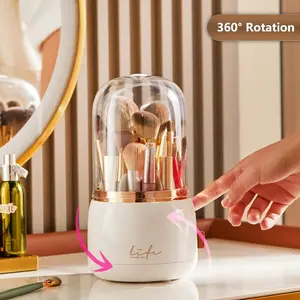 AIR U 360° Rotating Makeup Brush Organizer with Lid Keep Your Brushes Clean & Organized Makeup Storage for Home White
