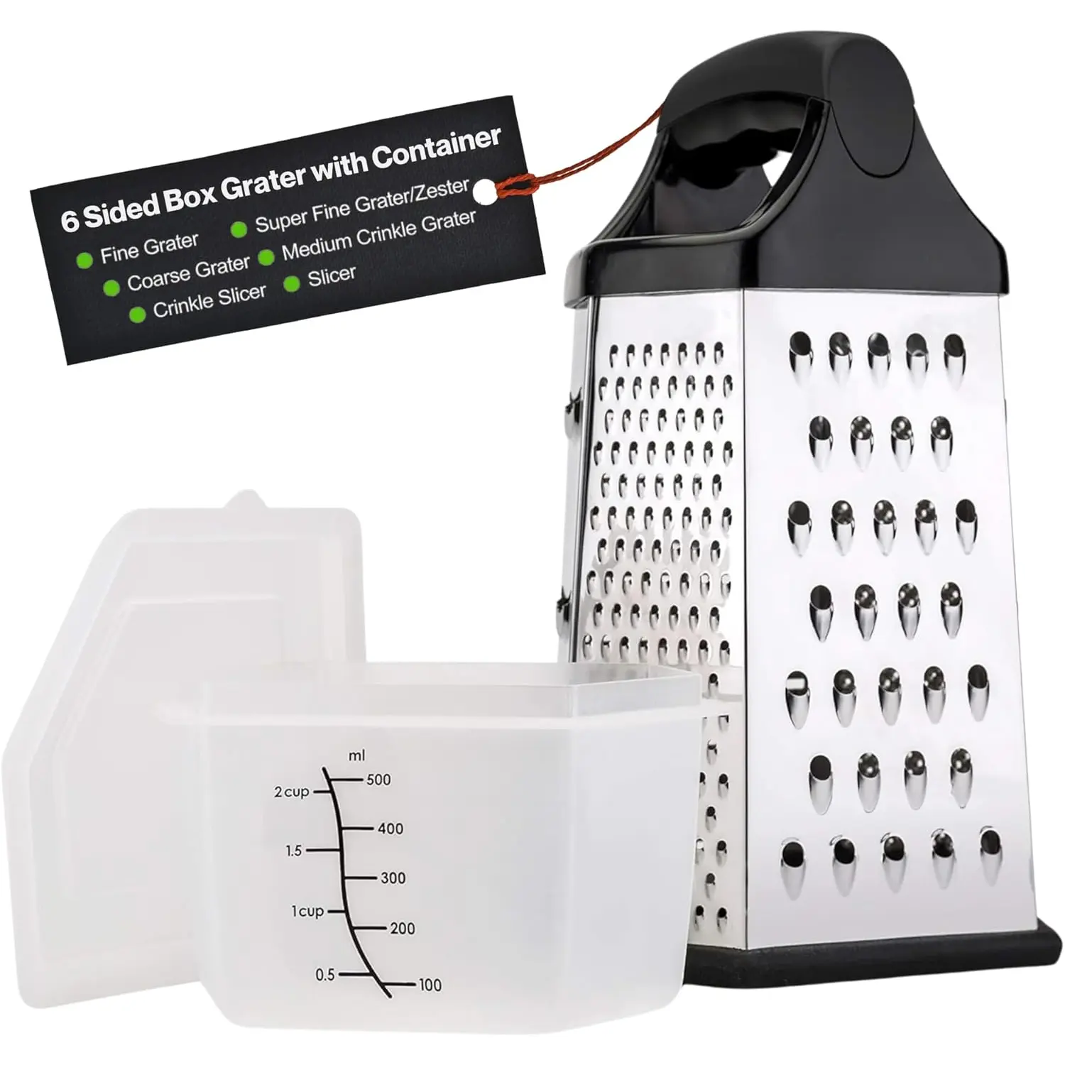 Cheese Grater for Kitchen with Container & Lid - Handheld Stainless Steel Box  Shredder with Handle and 6 Essential Functions for Coarse, Medium, Fine, or  Grating/Shredding/Zesting