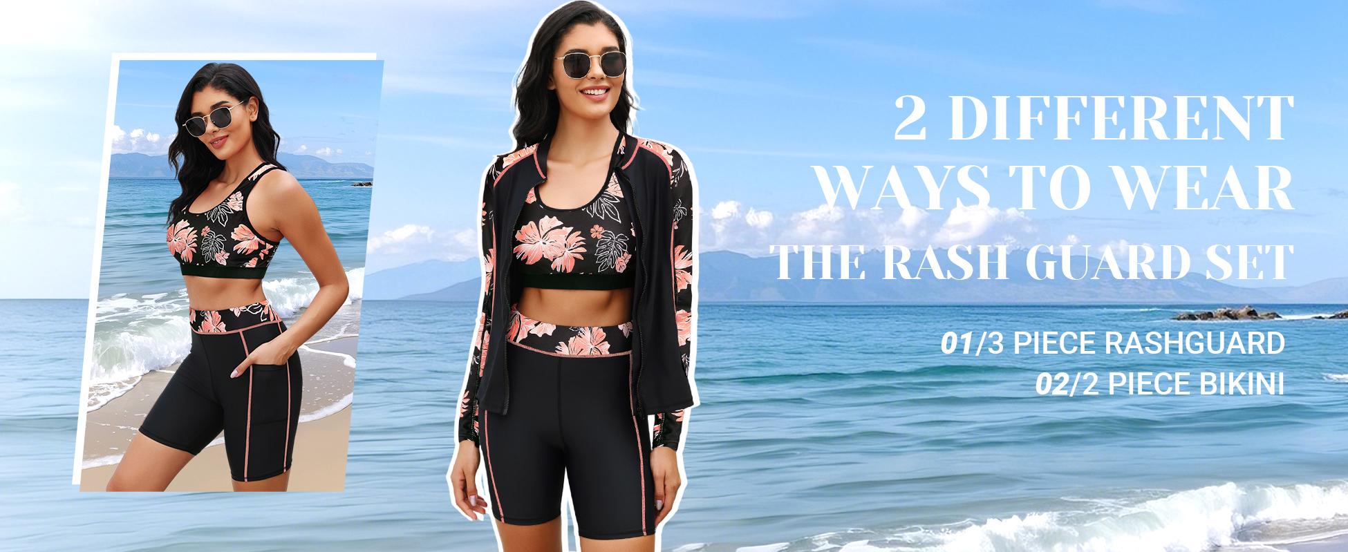 Daci Women Three Piece Rash Guard - Long Sleeve Zip up Swim Shirt Sports Bra Modest Swimsuit with Shorts