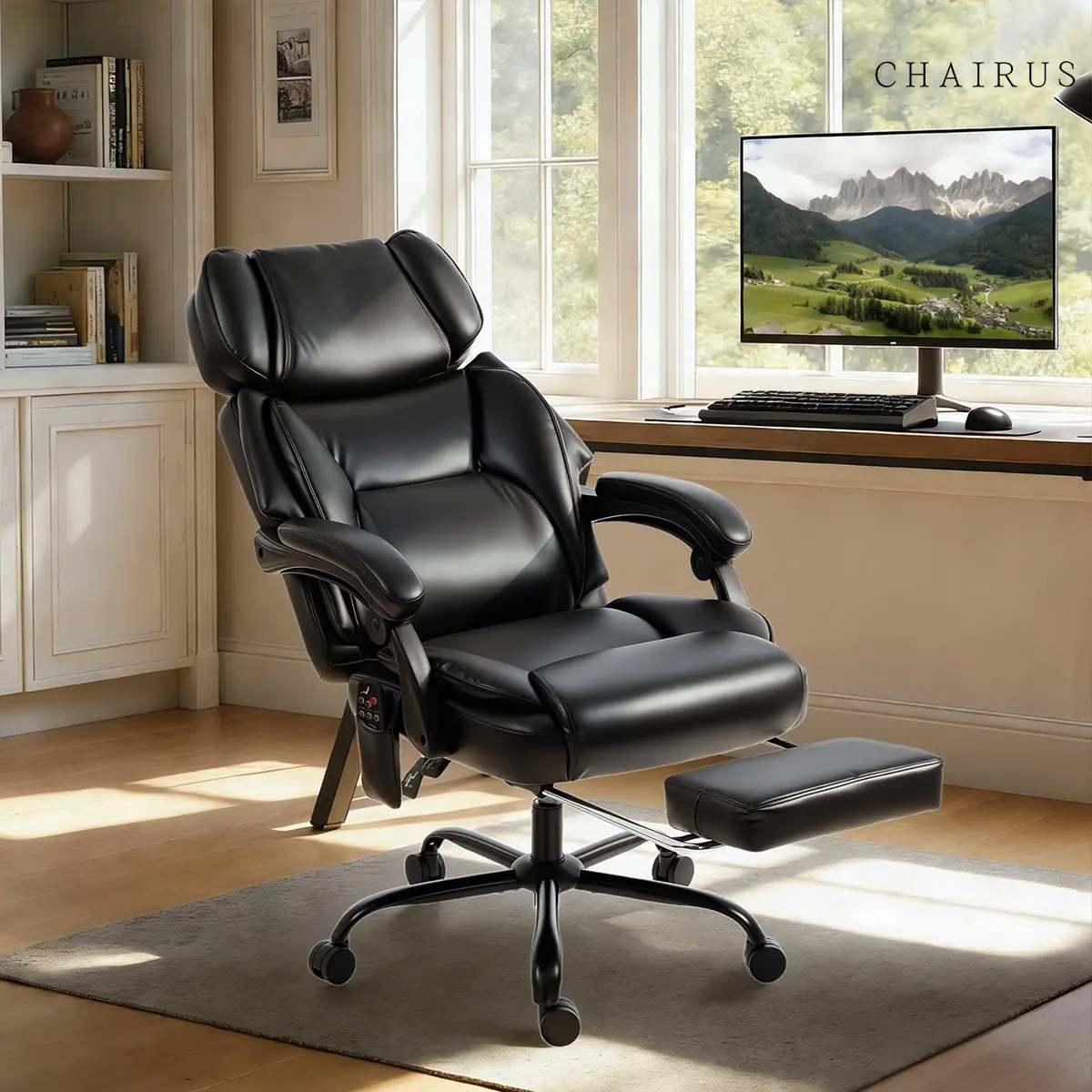 CHAIRUS High Back Vibration Massage Office Chair Heated Reclining Computer Chair w/ Footrest Swivel Wheels Remote Black